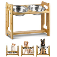 Jovrun Elevated Dog Bowls Adjustable Raised Dog Bowls Stand for Medium Large Dogs and Cats Durable Bamboo Dog Feeder with SS Bowls and Non-Slip Feet Dog Food Bowls for Medium Dogs Cats