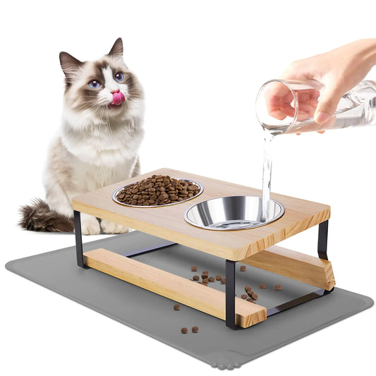 Qyapeixy Elevated Cat Bowls with Food Mat 15° Tilted Anti Vomiting Raised Cat Bowls Stand for Indoor Cats and Puppy 2 Stainless Steel Bowls for Food and Water