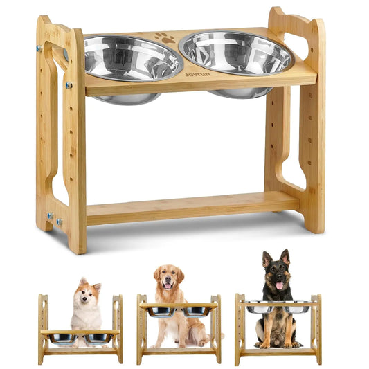 Jovrun Elevated Dog Bowls Adjustable Raised Dog Bowls Stand for Medium Large Dogs and Cats Durable Bamboo Dog Feeder with SS Bowls and Non-Slip Feet Dog Food Bowls for Medium Dogs Cats