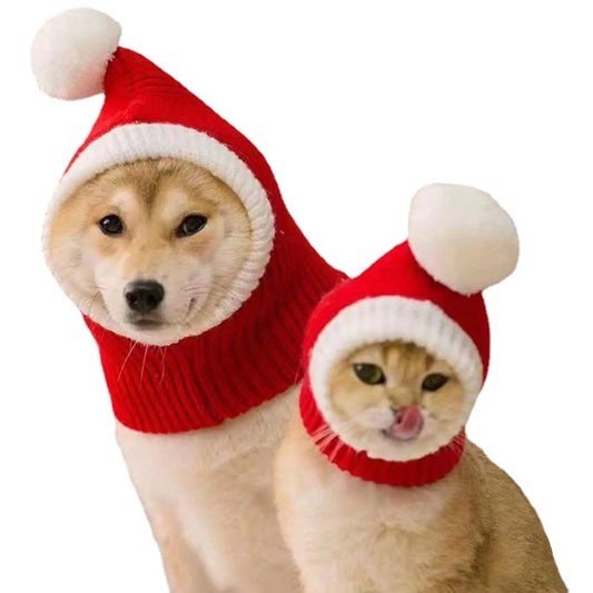 Christmas Dog Hat Costume Crocheted Snood Funny Pet Cap with Pompon Warm Winter Dog Hat for Small Medium Dogs Cats Red Dog Neck Ear Warmer Headband Knit Snood Headwear Party Xmas Outfit (Small)